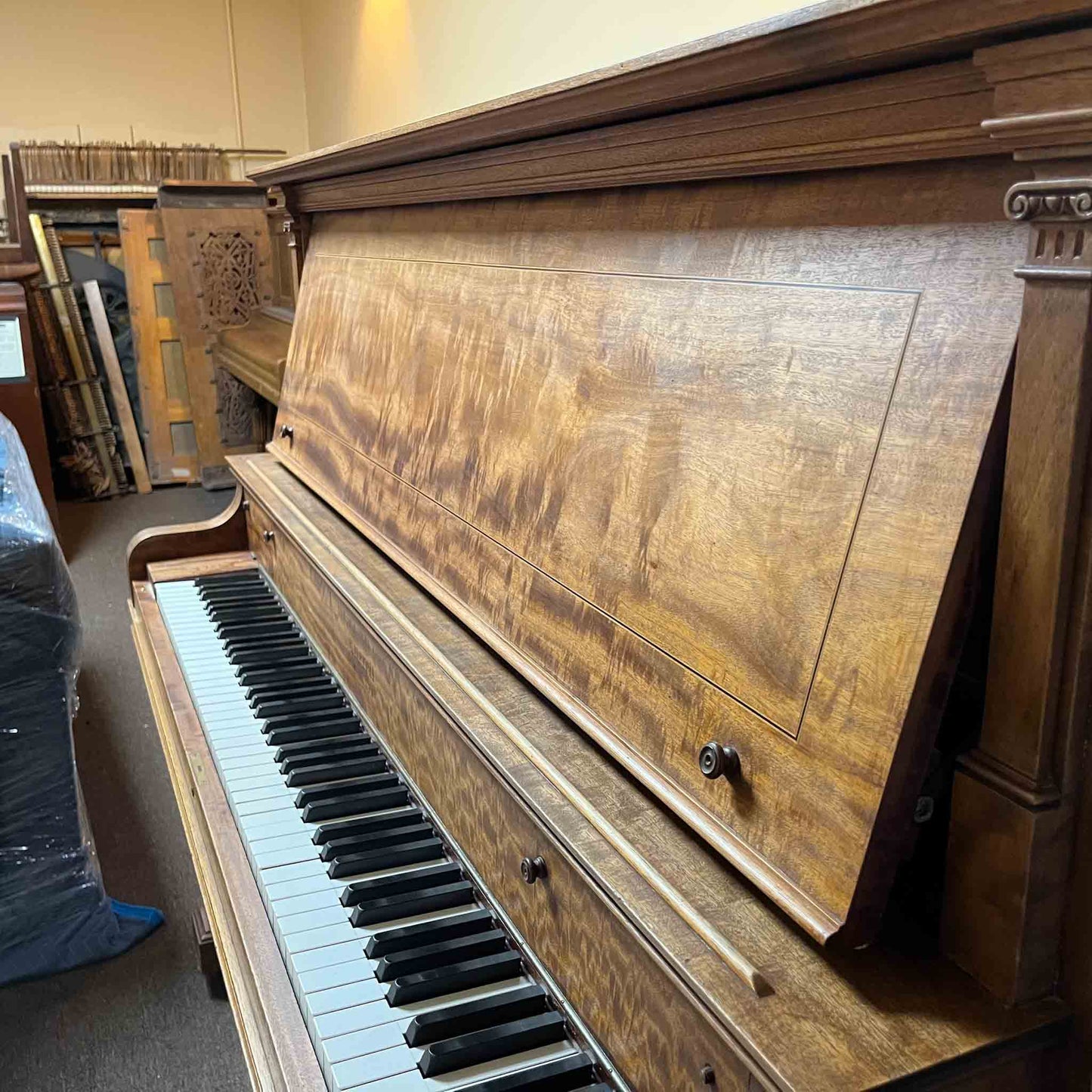 CURRENT SHOP WORK - 1903 Everett 55" Wood Finish Commissioned Upright Piano