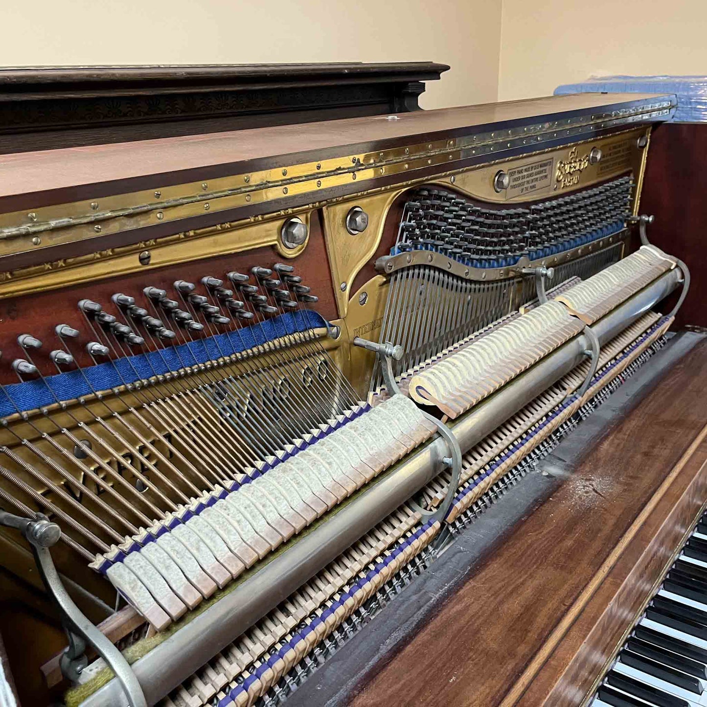 CURRENT SHOP WORK - 1903 Everett 55" Wood Finish Commissioned Upright Piano