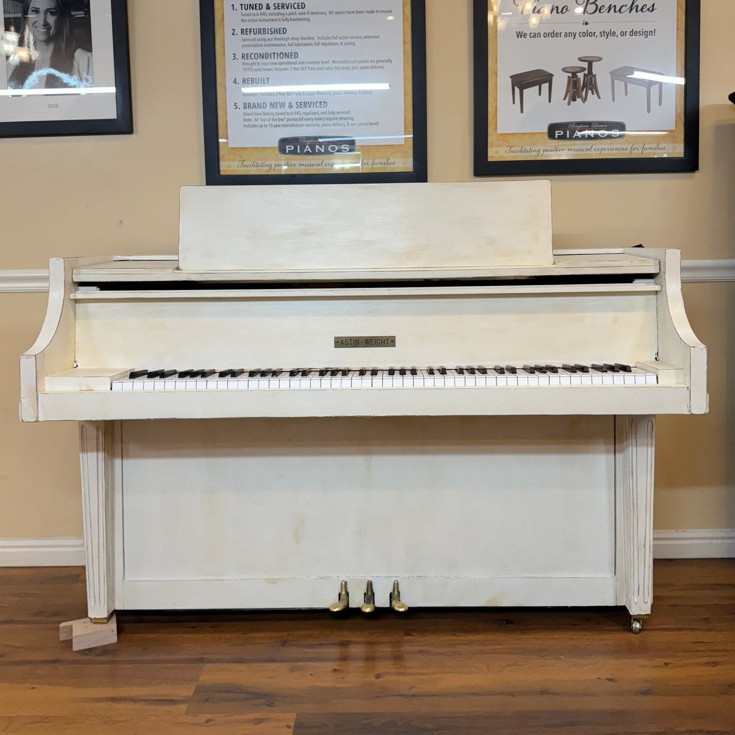 AVAILABLE TO RESTORE: CALL FOR CUSTOM PRICING - 1966 Astin Weight 38" White Spinet Piano