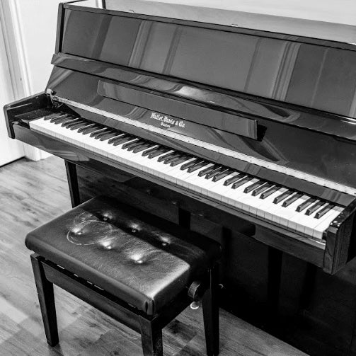 Hallet Davis upright piano on the Brigham Larson Pianos showroom floor, for sale, for rent.