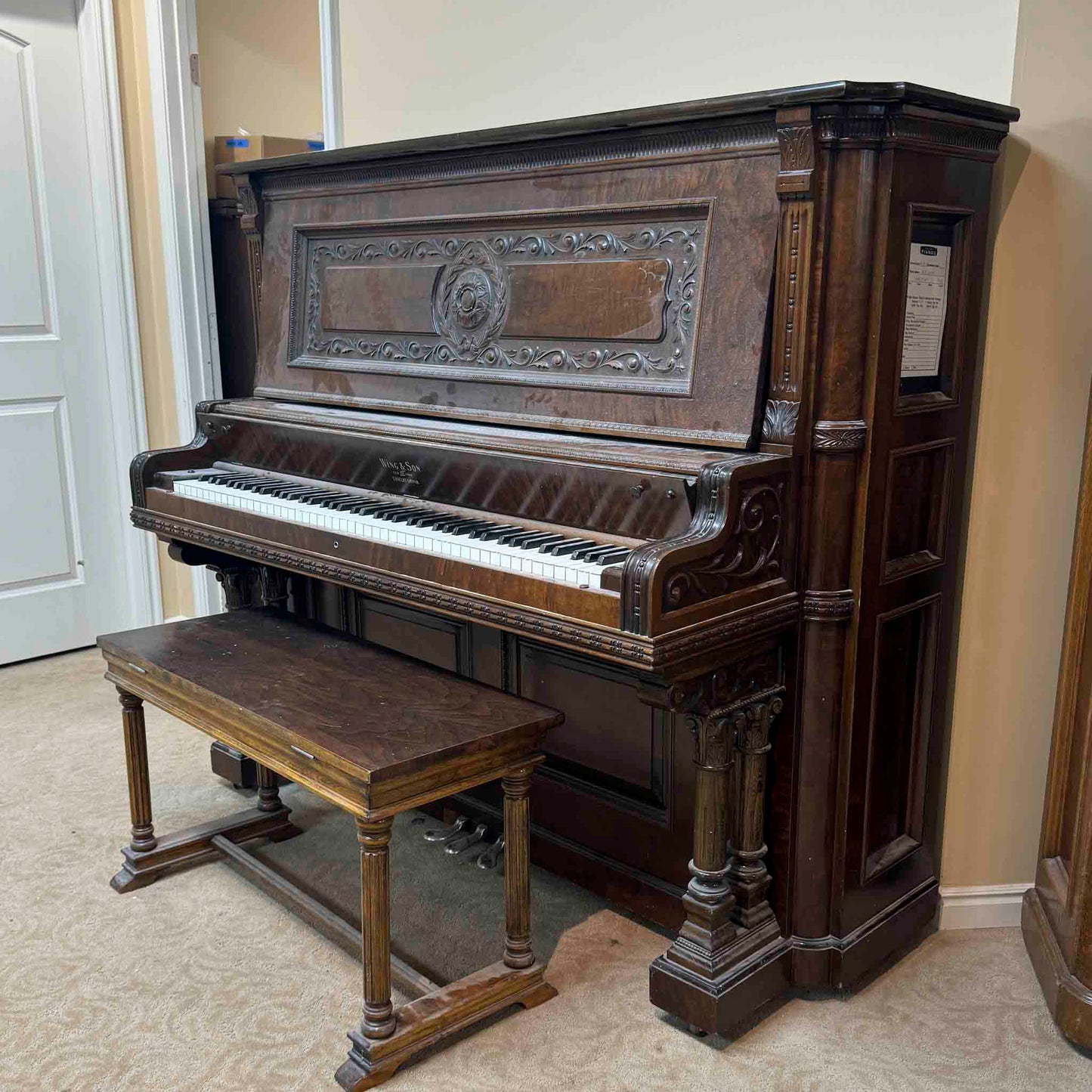 AVAILABLE TO RESTORE: CALL FOR CUSTOM PRICING - 1908 Wing & Son 57" Wood Finish Upright Piano