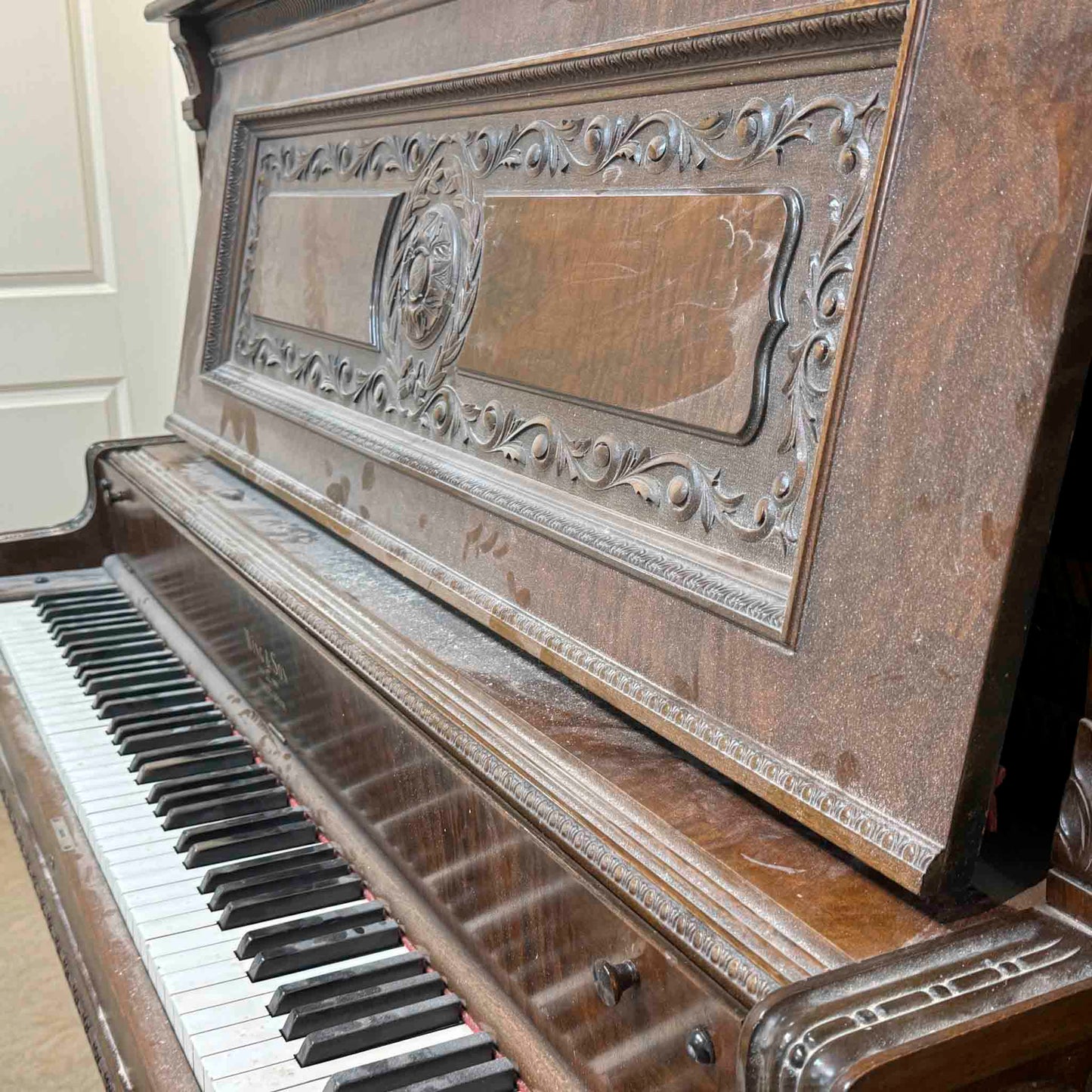 AVAILABLE TO RESTORE: CALL FOR CUSTOM PRICING - 1908 Wing & Son 57" Wood Finish Upright Piano