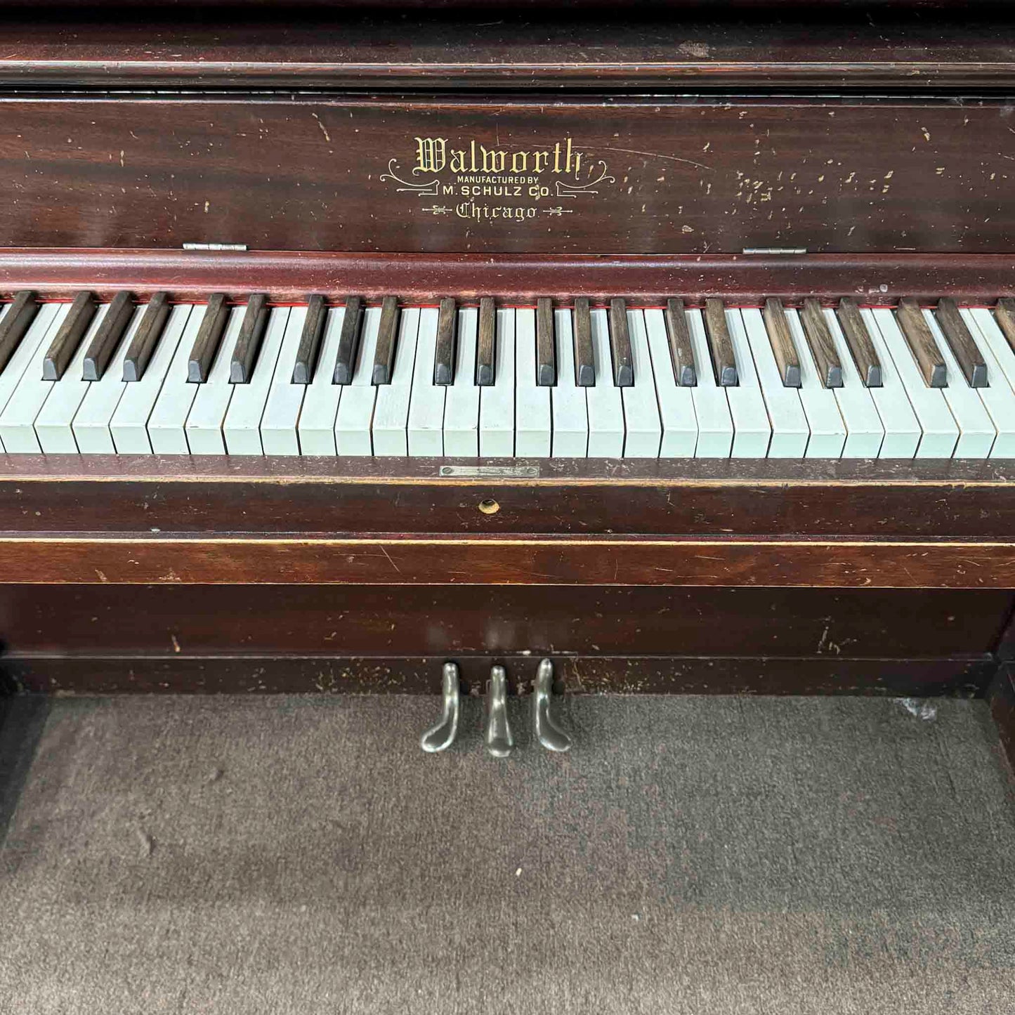 CURRENT SHOP WORK - 1907 Walworth Schulz & Co. 56" Mahogany Wood Finish Commissioned Upright Piano