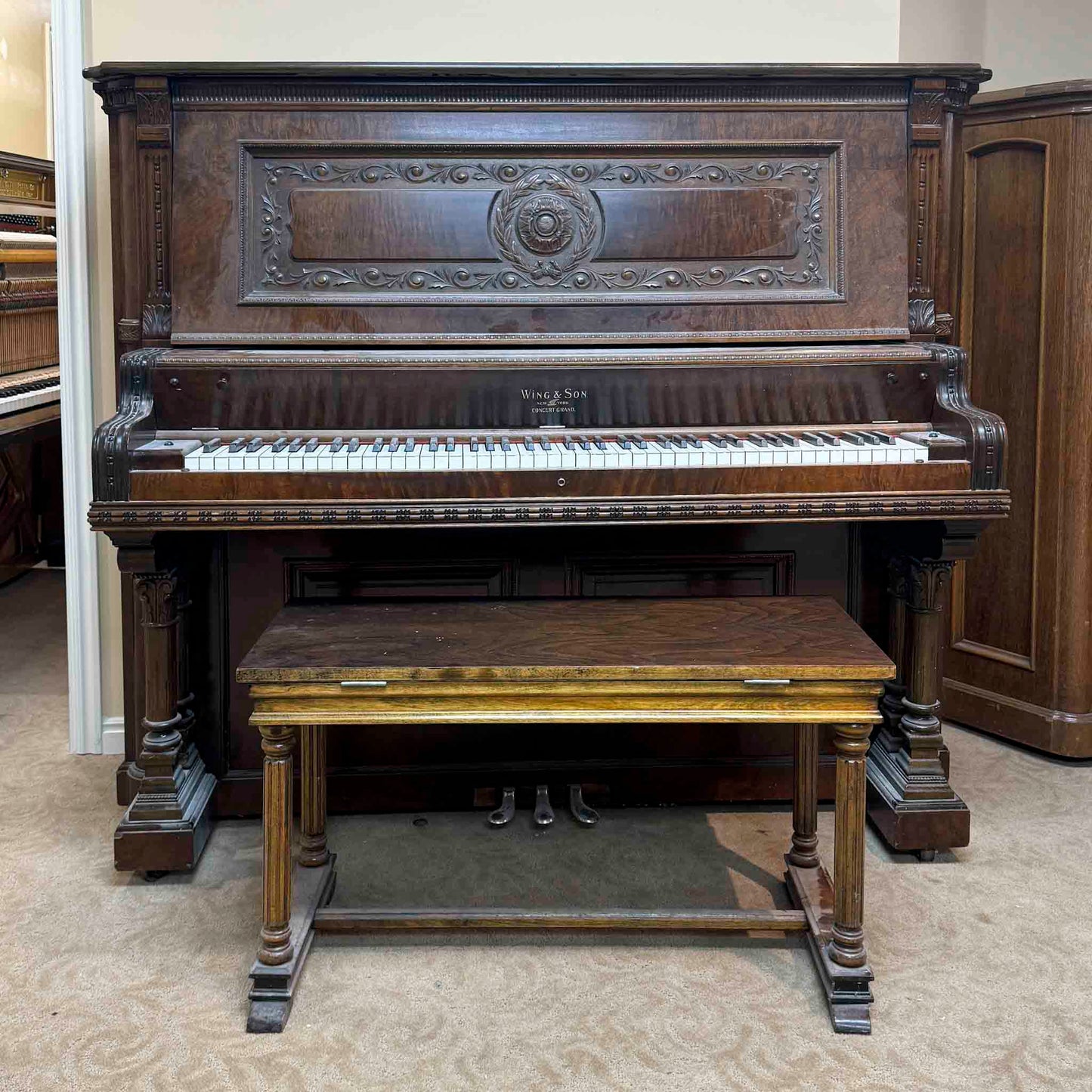 AVAILABLE TO RESTORE: CALL FOR CUSTOM PRICING - 1908 Wing & Son 57" Wood Finish Upright Piano