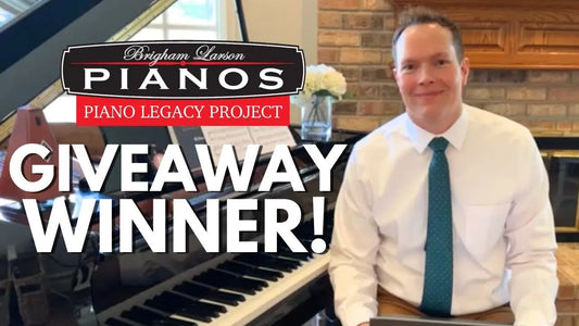 A thumbnail photo titled "Giveaway Winner!" With the Brigham Larson Pianos Logo. Brigham Larson sits by a piano