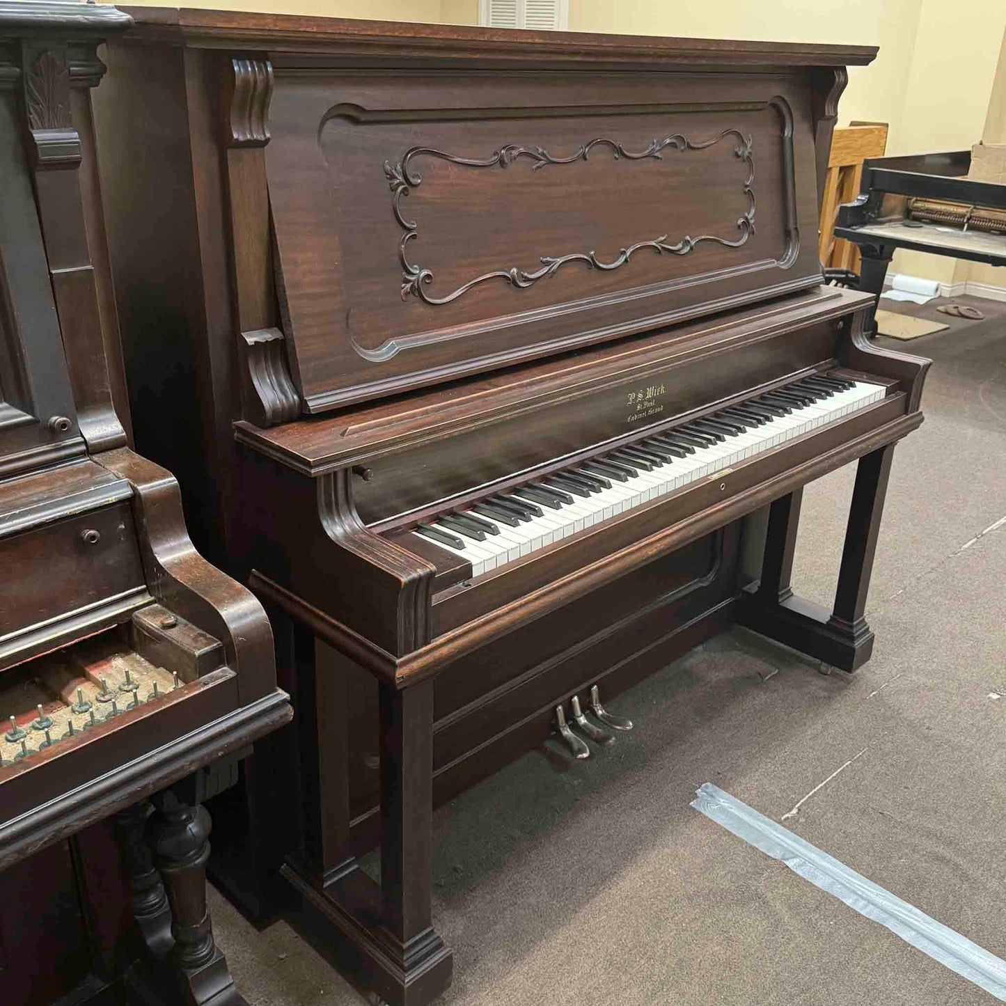 CURRENT SHOP WORK 1908 P.S. Wick 57" Wood Finish Commissioned Upright Piano