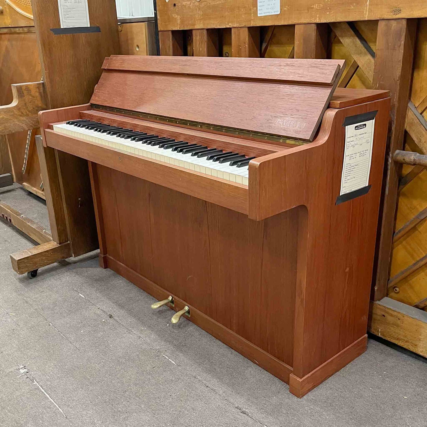 SOLD 1960 Louis Zwicki 36" Teak Wood Finish Spinet Piano