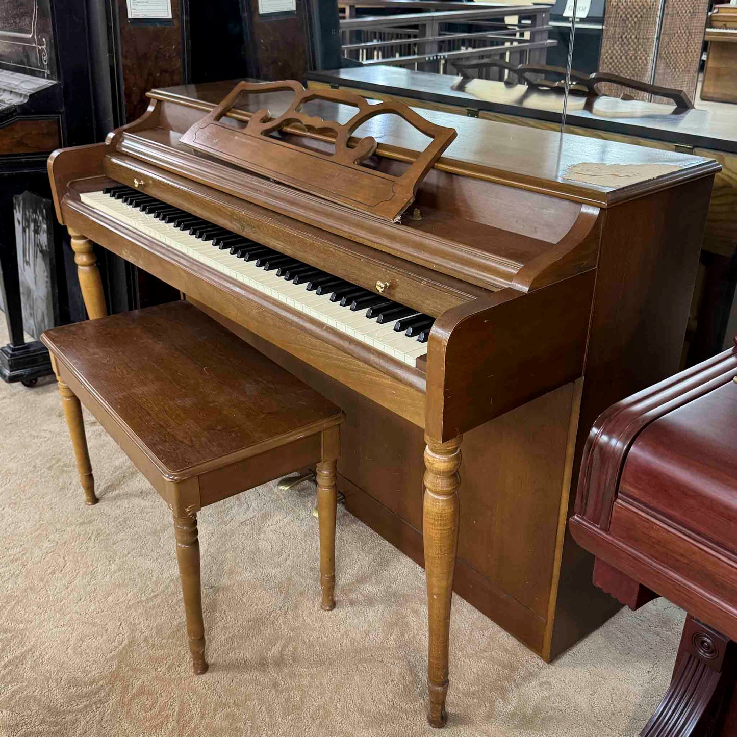 AVAILABLE TO RESTORE: CALL FOR CUSTOM PRICING - 1982 Wurlitzer P-137 37" Walnut Wood Finish Spinet Piano