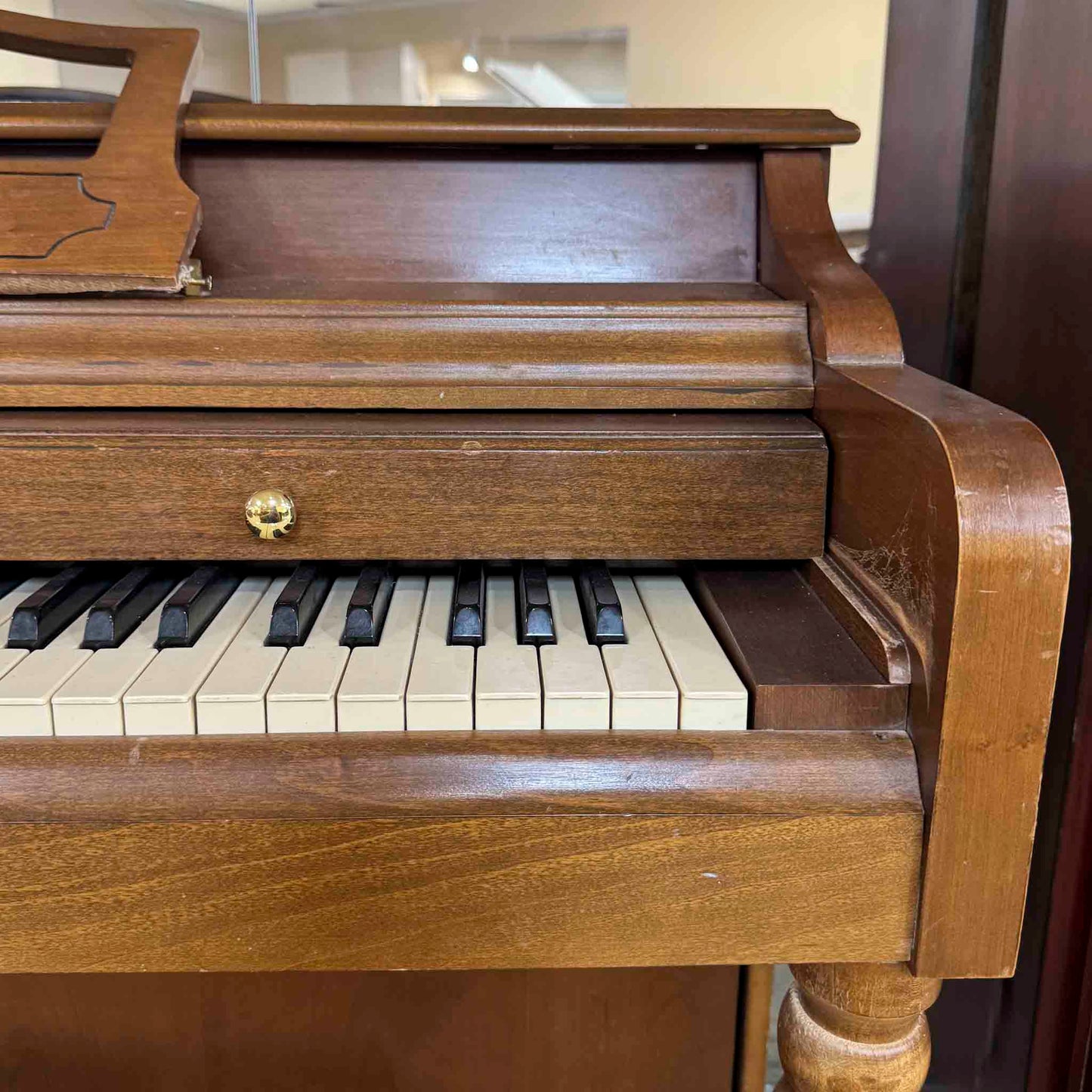 AVAILABLE TO RESTORE: CALL FOR CUSTOM PRICING - 1982 Wurlitzer P-137 37" Walnut Wood Finish Spinet Piano