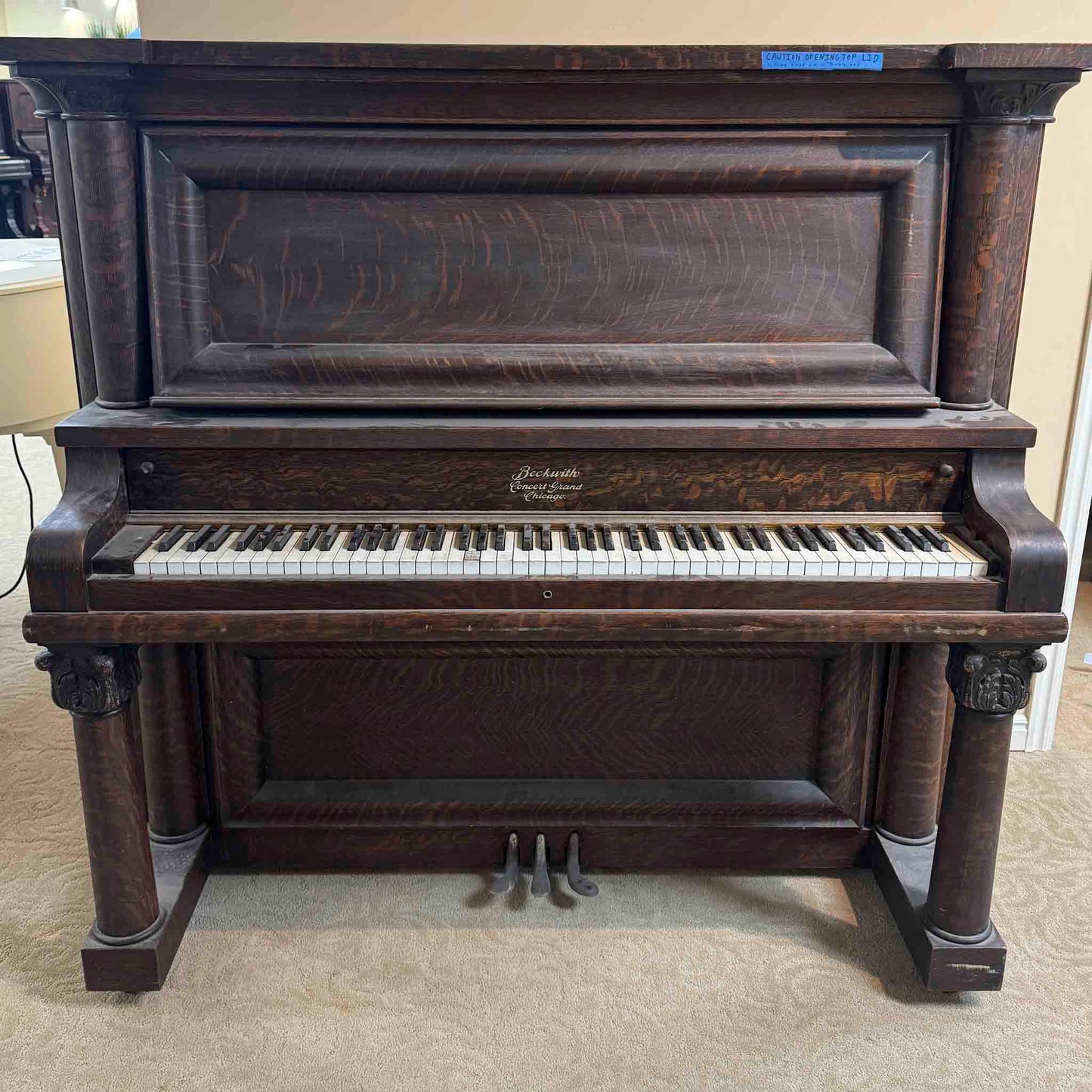 CURRENT SHOP WORK - 1909 Beckwith 58" Wood Finish Commissioned Upright Piano