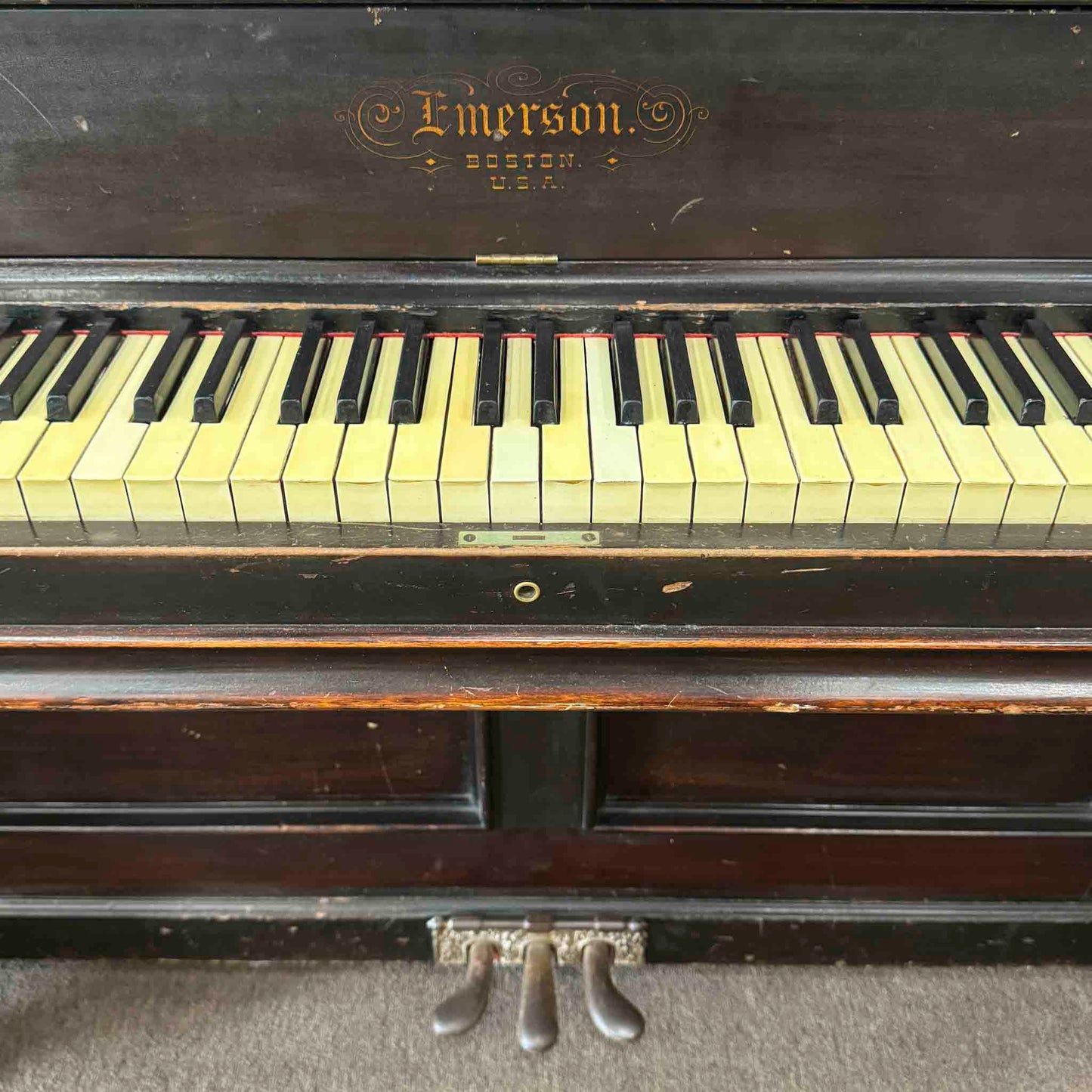 CURRENT SHOP WORK - 1890 Emerson 58" Wood Finish Commissioned Upright Piano