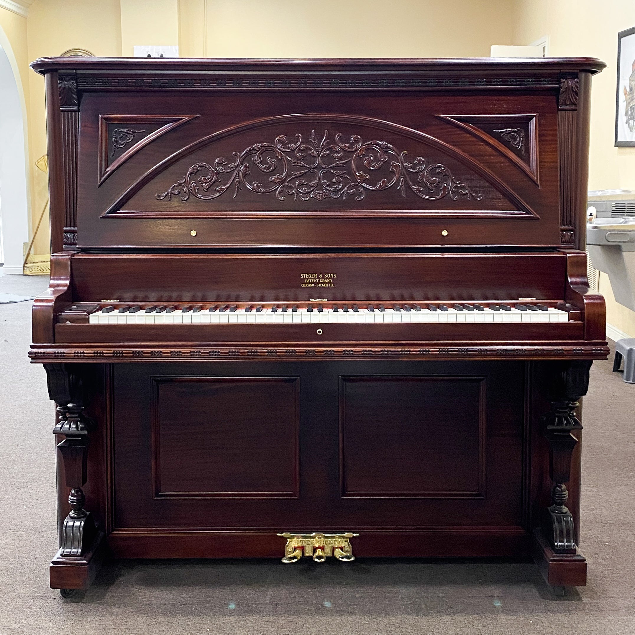 Fully restored, rebuilt, refinished, like new restored sentimental family heirloom Steger upright piano. Gorgeous piano refinishing work! Ornate cabinetry. 