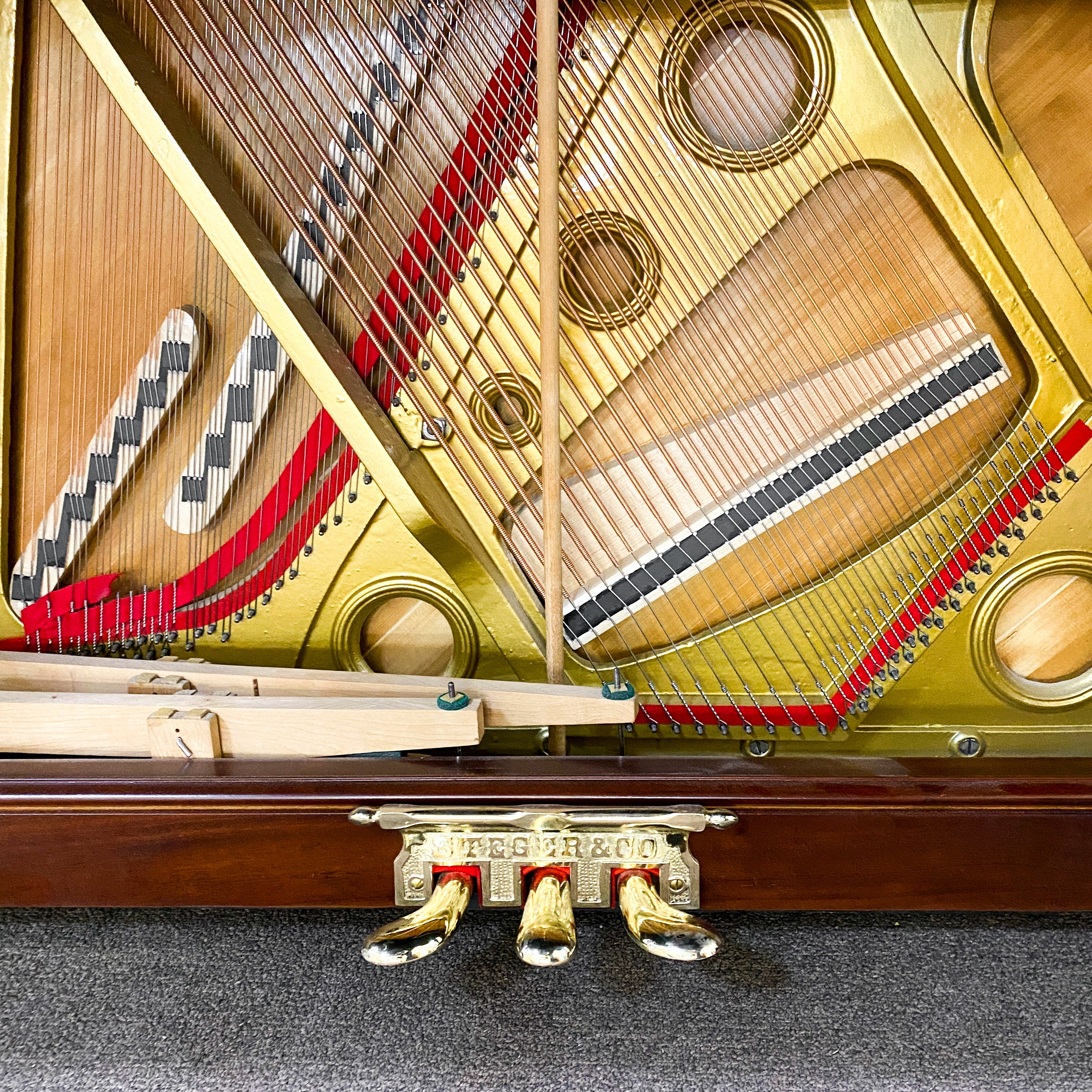 After metal hardware replating on piano pedals for Fully restored, rebuilt, refinished, like new restored sentimental family heirloom Steger upright piano. Gorgeous piano refinishing work! Ornate cabinetry. 