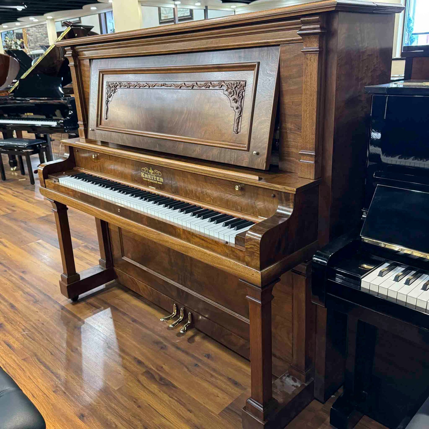 1919 Kreiter 57" Wood Finish Upright Piano with Self-Playing QRS System