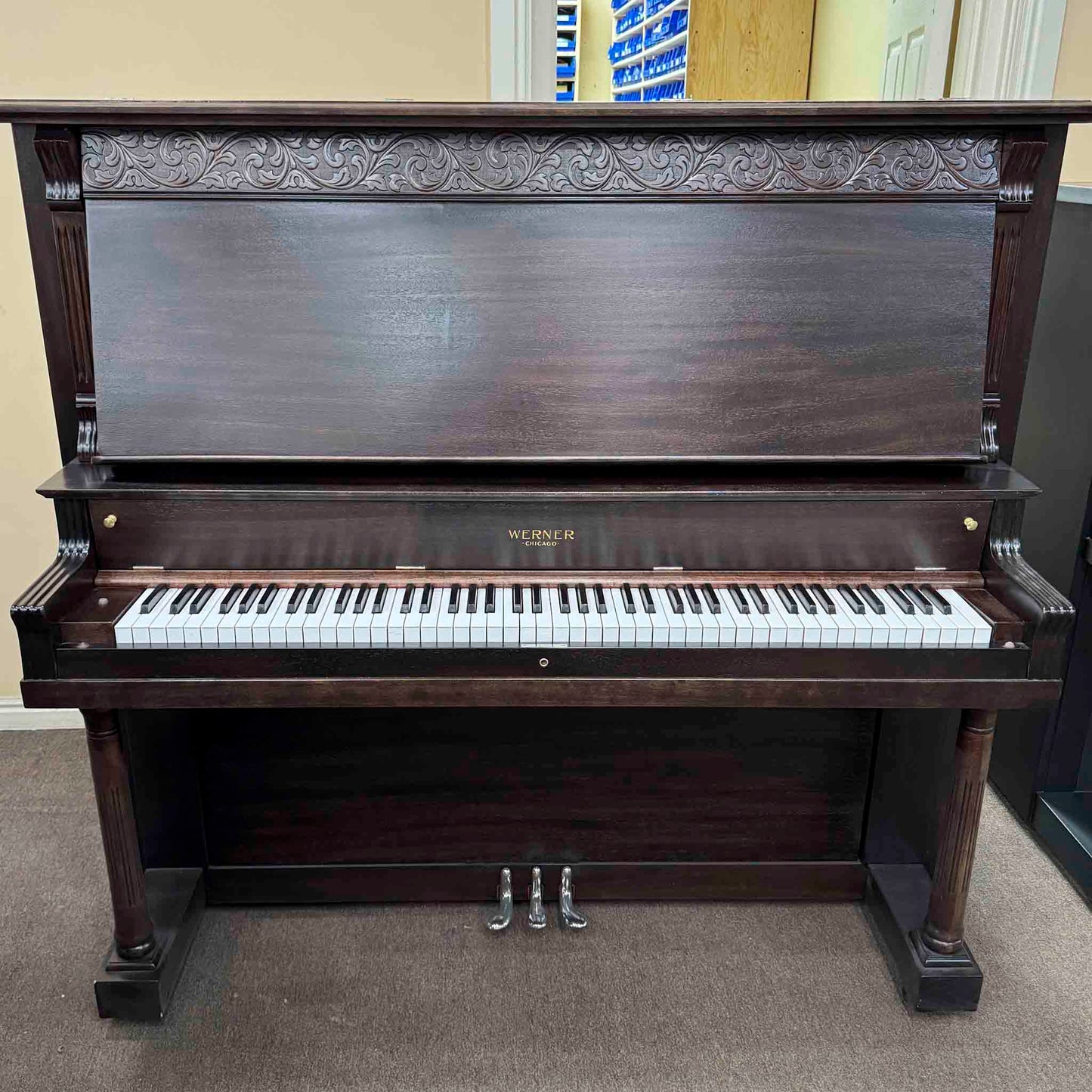 CURRENT SHOP WORK 1908 Werner 57" Wood Finish Commissioned Upright Piano
