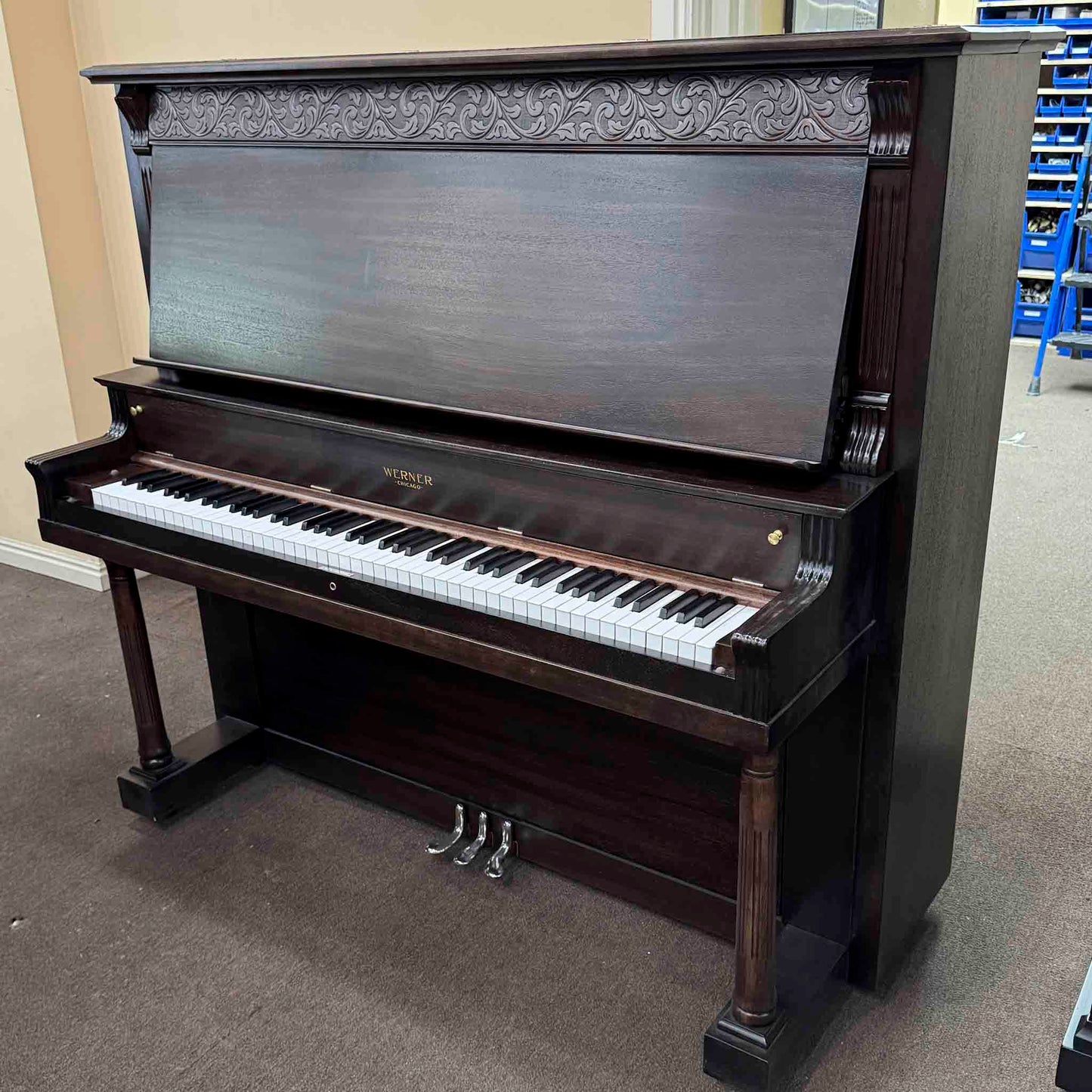 CURRENT SHOP WORK 1908 Werner 57" Wood Finish Commissioned Upright Piano