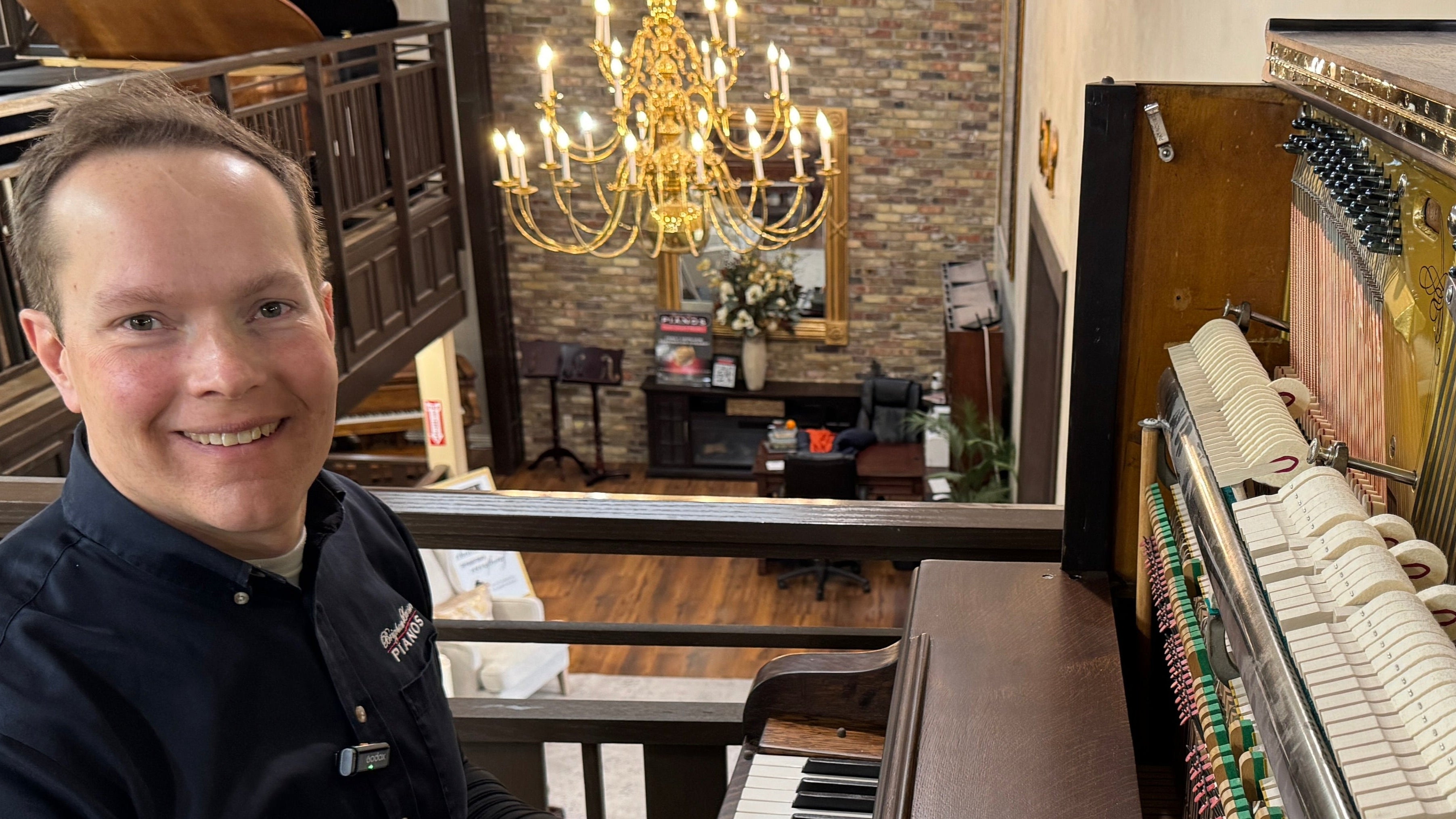 Load video: Brigham Larson at Brigham Larson Pianos showcasing Kohler and Campbell upright heirloom piano rebuild and refinishing to like new condition for sentimental family purposes for next generation of piano lovers at Brigham Larson Pianos Family Heirloom Piano Restoration Shop.