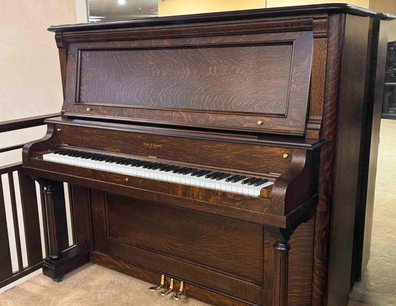 Gorgous Kohler and Campbell upright piano restored and refinished for family heirloom generational purposes at Brigham Larson Pianos Family Heirloom Piano Restoration Shop.