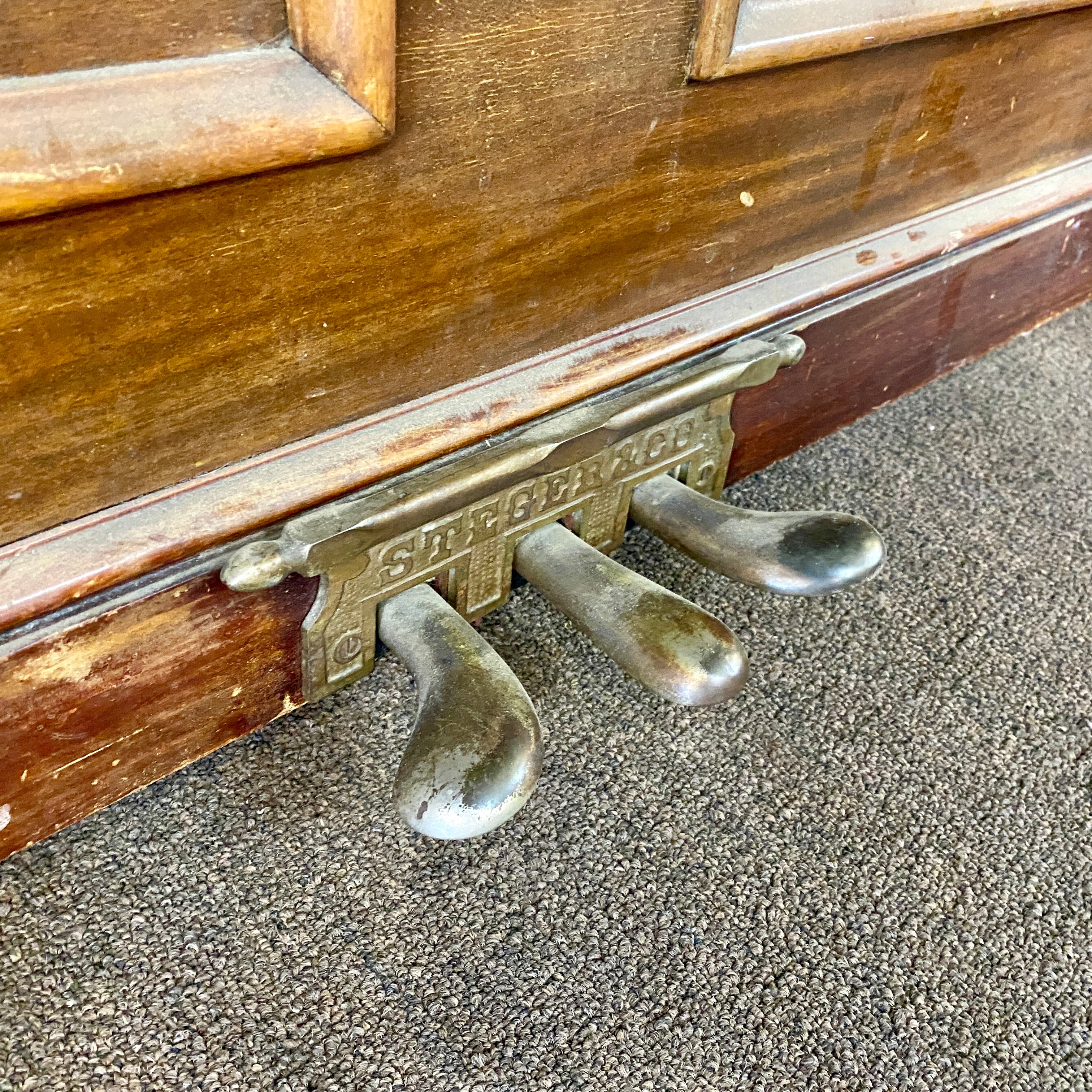 Before restoration pedals Fully restored, rebuilt, refinished, like new restored sentimental family heirloom Steger upright piano. Gorgeous piano refinishing work! Ornate cabinetry. 