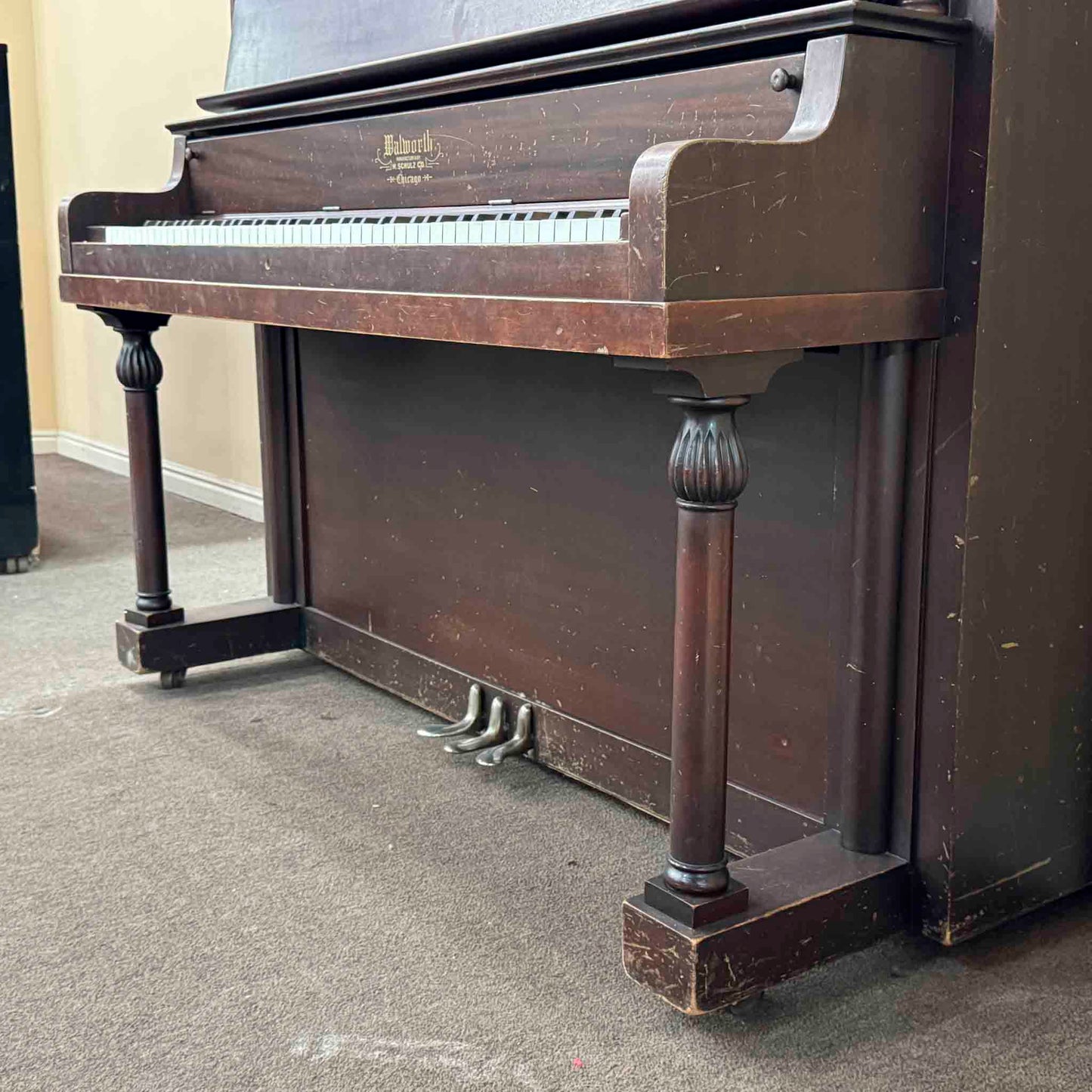 CURRENT SHOP WORK - 1907 Walworth Schulz & Co. 56" Mahogany Wood Finish Commissioned Upright Piano