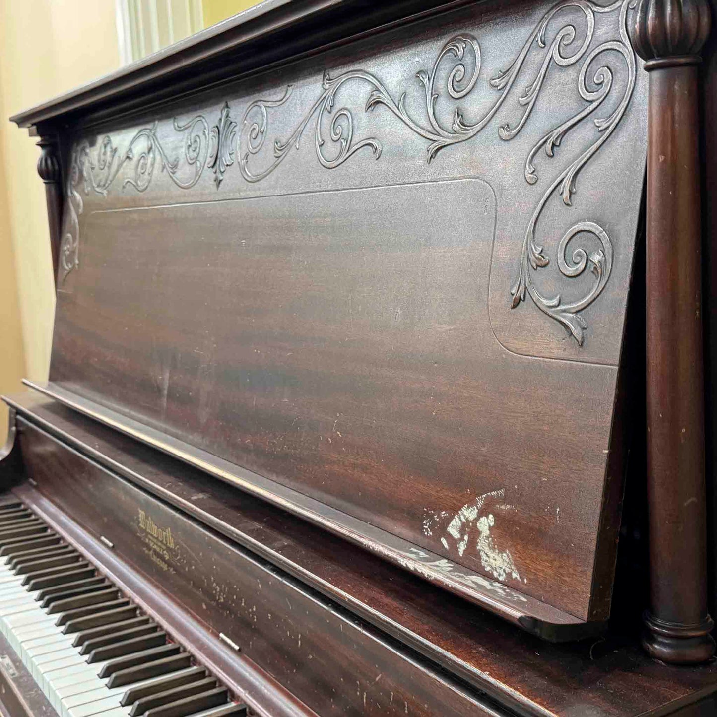 CURRENT SHOP WORK - 1907 Walworth Schulz & Co. 56" Mahogany Wood Finish Commissioned Upright Piano