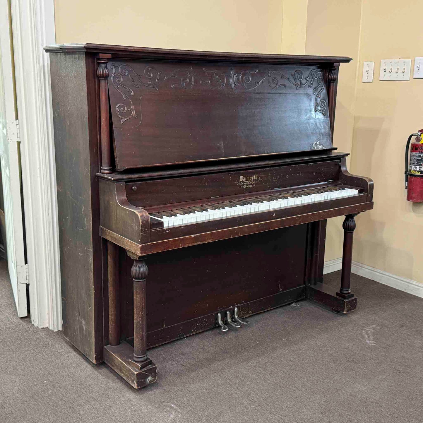 CURRENT SHOP WORK - 1907 Walworth Schulz & Co. 56" Mahogany Wood Finish Commissioned Upright Piano