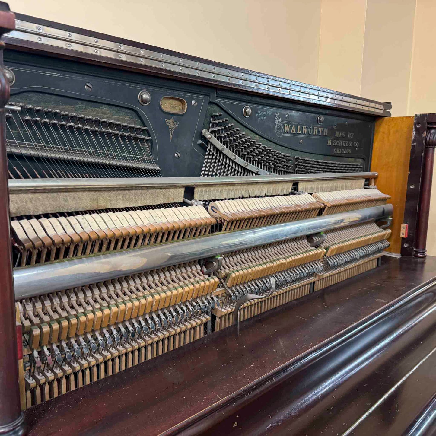 CURRENT SHOP WORK - 1907 Walworth Schulz & Co. 56" Mahogany Wood Finish Commissioned Upright Piano