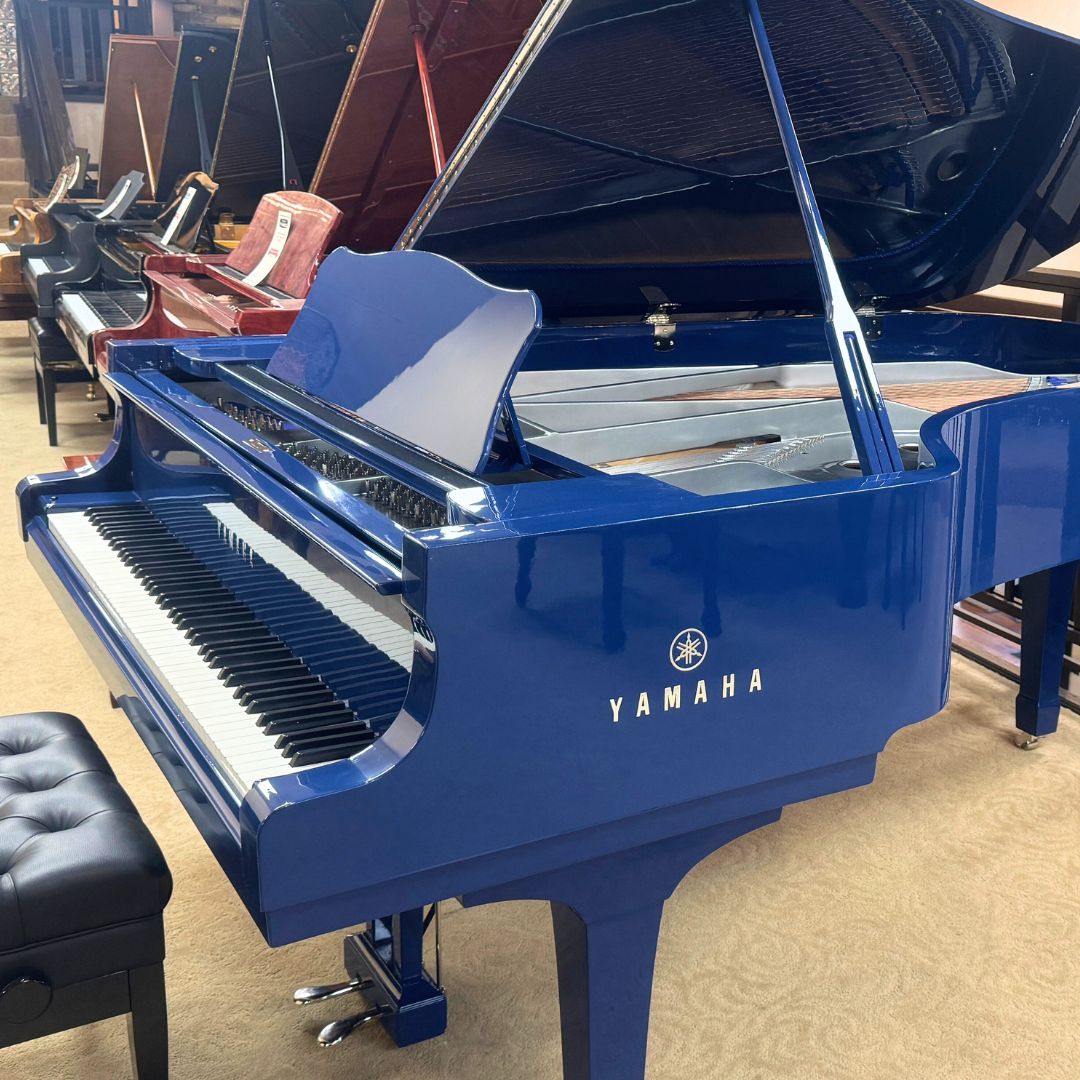 Blue yamaha c7 grand piano in a showroom setting at the Brigham Larson Pianos family heirloom piano restoration shop and piano showroom sales floor in Orem, UT.
