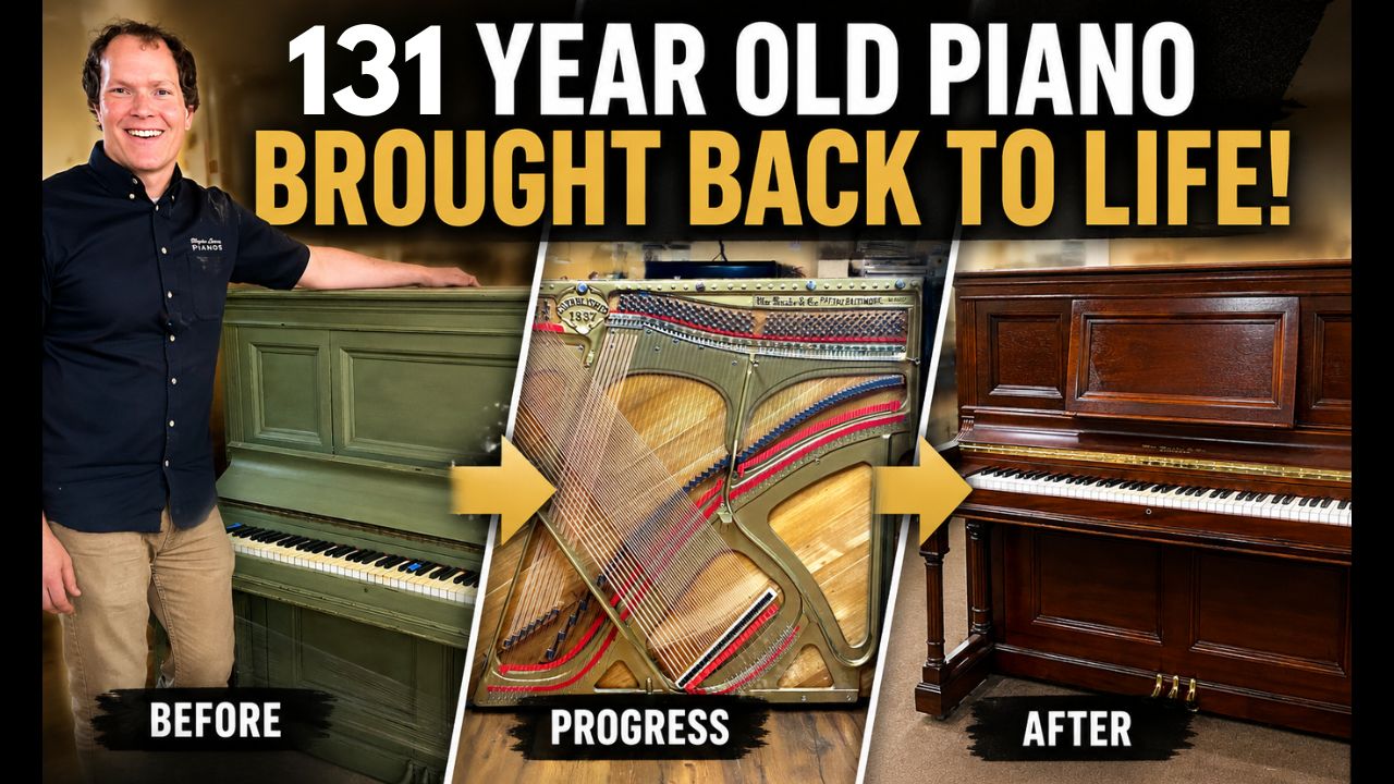 Load video: Video thumbnail showing Brigham Larson standing next to a 131-year-old piano before restoration, alongside a split-screen progression view of its interior strings and the fully completed, polished dark wood finish after restoration at Brigham Larson Pianos family heirloom piano restoration shop in Orem, UT. Large text reads "131 YEAR OLD PIANO BROUGHT BACK TO LIFE!"