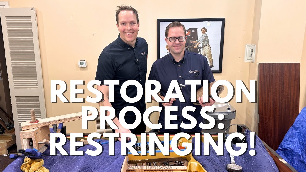 Load video: Yamaha C5 grand piano restringing in the Brigham Larson Pianos piano restoration shop with Brigham and a Piano technician.