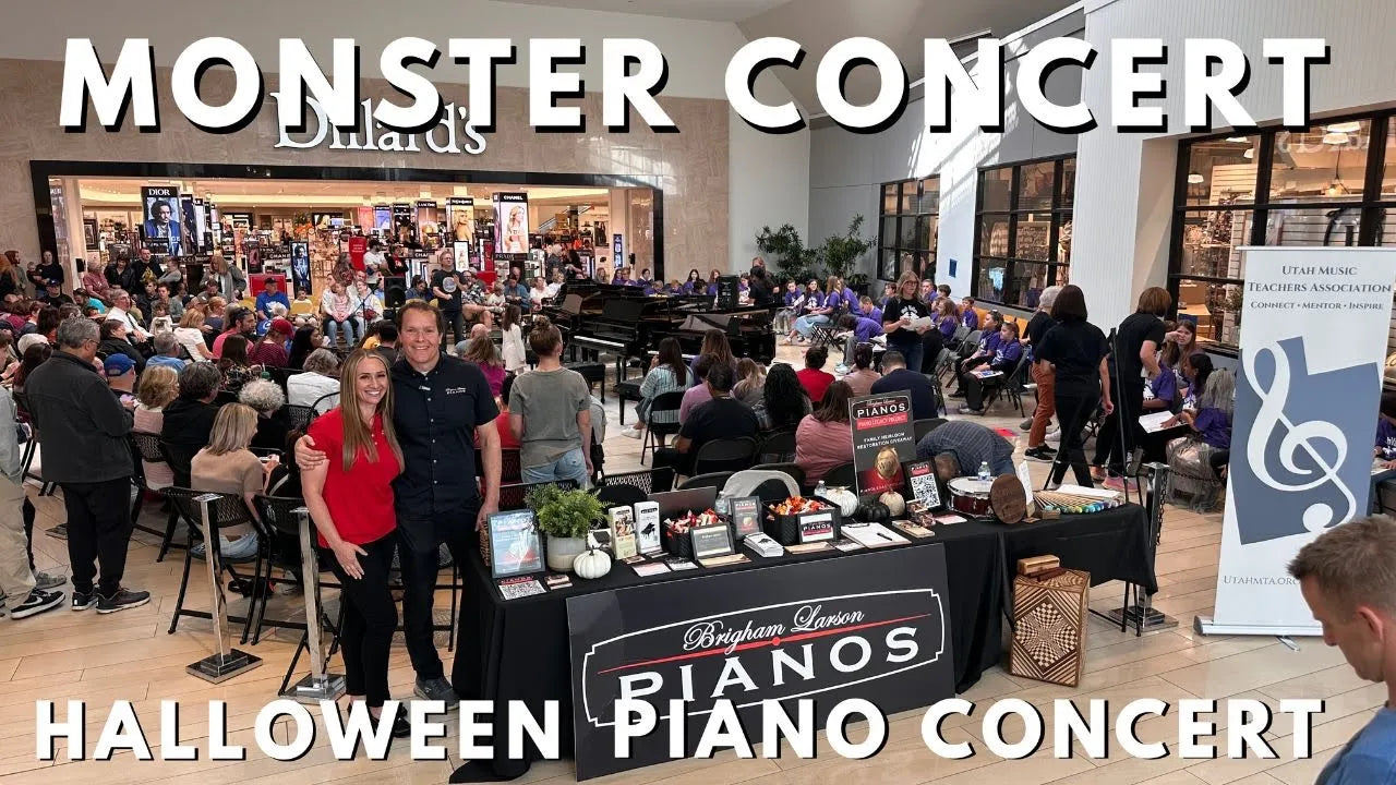 Load video: Five Grand Piano recital monster concert with Brigham Larson Pianos and Utah Music Teachers Association at the University Mall in Orem, Utah