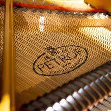 Close-up view of the interior of a Petrof grand piano, showcasing the distinctive gold "Petrof Hradec Králové" logo emblem stamped onto the wooden soundboard next to the bass strings and hitch pins. Intricate detail of the soundboard and strings of a premium European Petrof grand piano at Brigham Larson Pianos in Orem, UT.